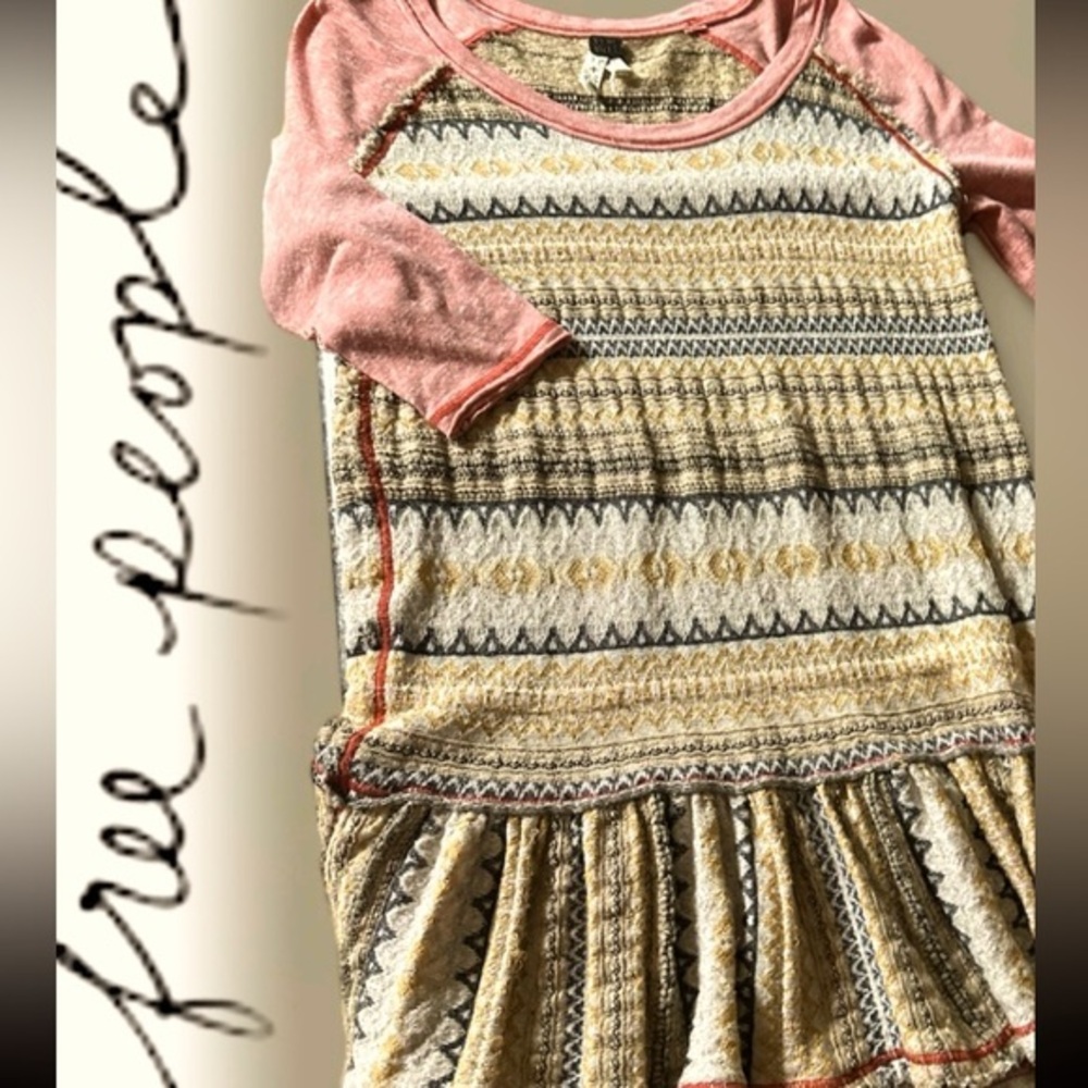 Free People Soft Knit Scoop Neck Sweater dress Multi XS flaw aztec